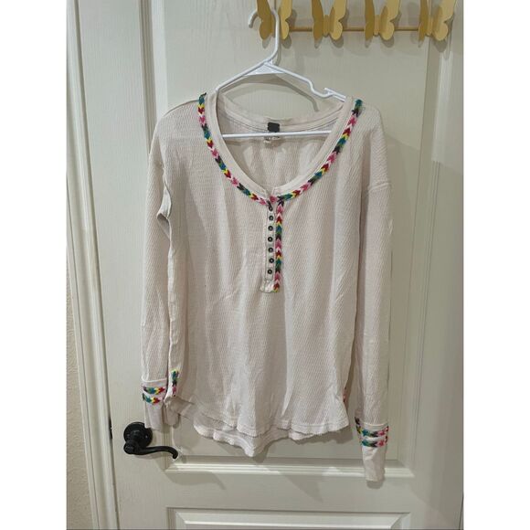 We The Free Free People Top Thermal Waffle Embroidered Henley Ivory Medium - Picture 2 of 10